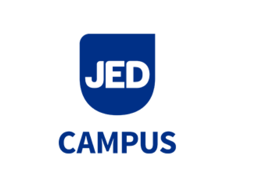 white background with a blue shield with the letters JED in white with the word CAMPUS in blue below it